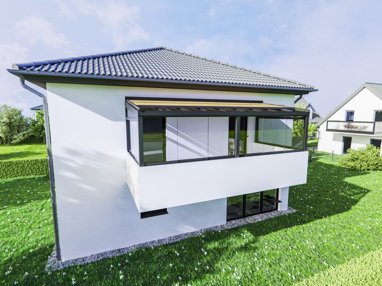 Ganzglas-Geländer aus Aluminium an einer Terrasse